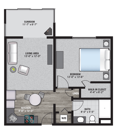 Architectural floor plan of a one-bedroom unit