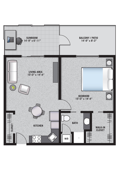Architectural floor plan of a one-bedroom unit