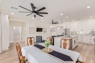 Bright dining area with a decorative table setting