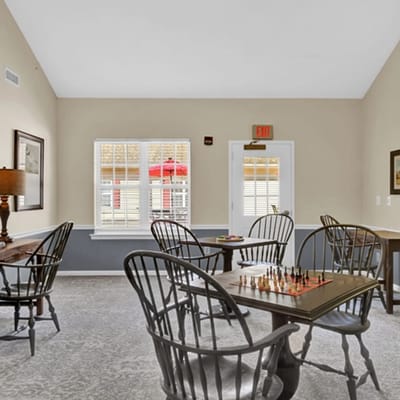 Common area with chess game and seating