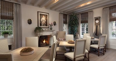 Interior view of a cozy common area with a fireplace