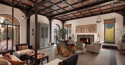 Elegant common area with a cozy fireplace and seating