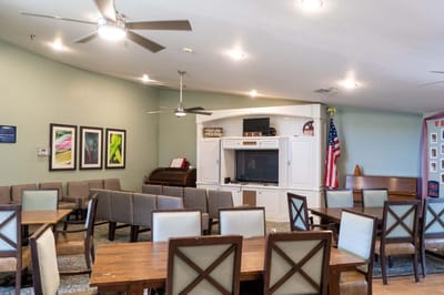 Interior view of a common area with seating