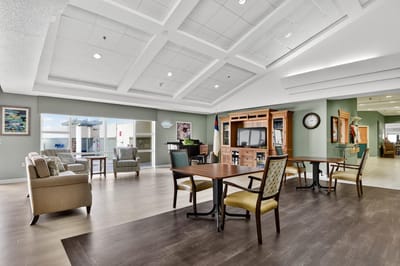 Bright common area with seating and amenities