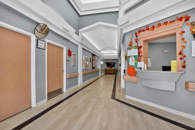 Bright interior hallway decorated for the season