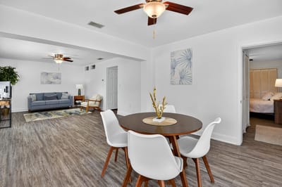 Interior view of a resident living area with dining table