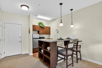 Modern kitchen area in a senior living apartment
