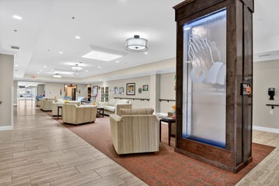 Interior view of a welcoming lounge area in a senior living facility
