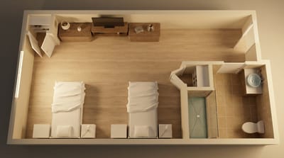 Aerial view of a shared resident room with two beds