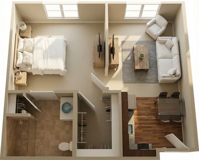 Floor plan of a one-bedroom apartment layout