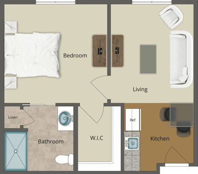 Architectural floor plan of a one-bedroom apartment