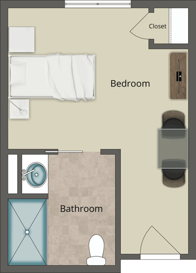 Architectural floor plan of a resident bedroom and bathroom