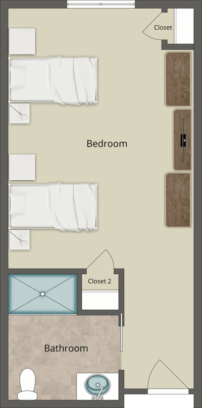 Architectural floor plan of a shared bedroom and bathroom