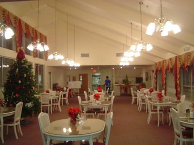 Interior dining area decorated for the holidays