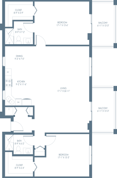 Architectural floor plan of a two-bedroom unit