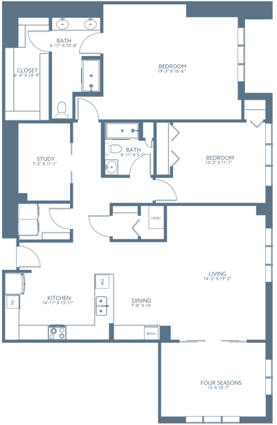 Architectural floor plan of a living unit