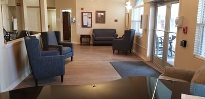 Interior view of a common area with seating