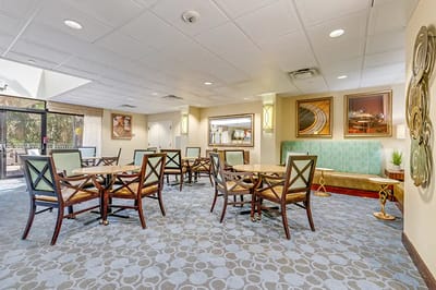 Bright common area with seating and decor