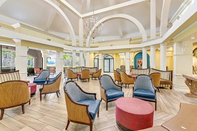 Bright and spacious common area with seating