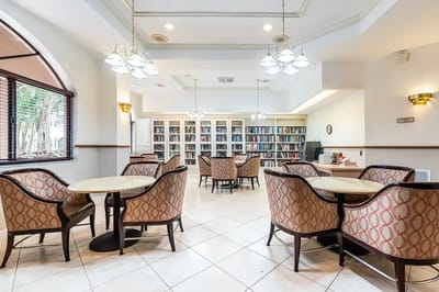 Interior view of a cozy library and lounge area