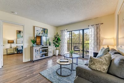 Cozy living area with a view of greenery outside