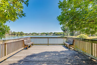 Wooden deck overlooking a serene lake