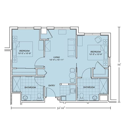 Architectural floor plan with two bedrooms and living area