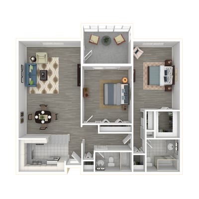 Top-down view of a two-bedroom apartment layout