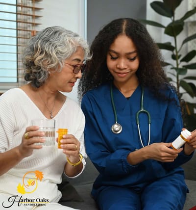 A caregiver assisting a resident with medication