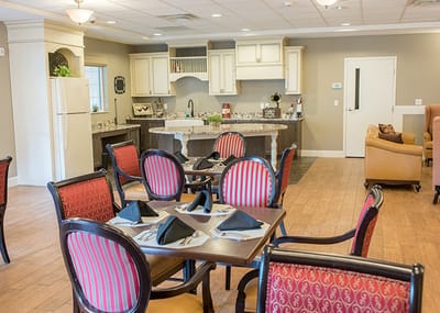 Interior dining area with decorated tables and chairs
