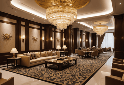 Elegant common area with chandeliers and seating