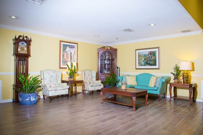 Bright and inviting common area with seating