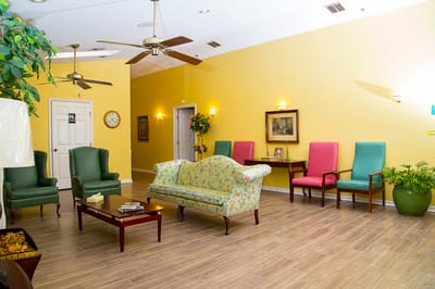 Bright common area with colorful seating