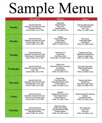 Oak Hill Assisted Living, assisted living in Grand Rapids, MN — Weekly meal menu featuring various breakfast, dinner, and supper options