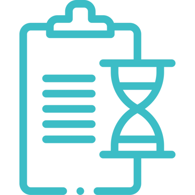 A logo of a clipboard with a sand timer icon