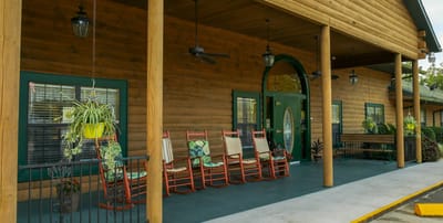 Outdoor seating area with rocking chairs
