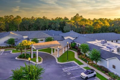 Aerial view of the assisted living facility and surrounding landscape