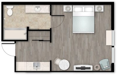 Floor plan of a private resident room with bathroom