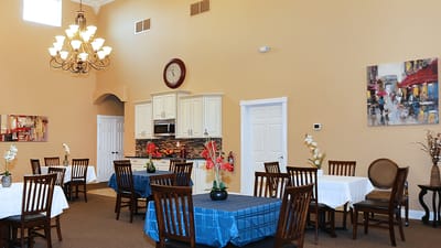 Bright dining room with tables and decorative elements