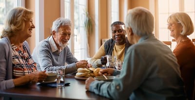 Residents enjoying a meal together in a dining area