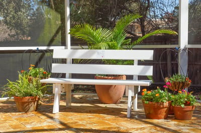 Outdoor bench surrounded by flowers and plants