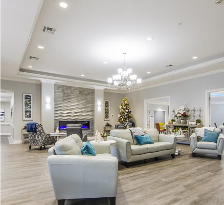 Bright and welcoming common area with festive decorations