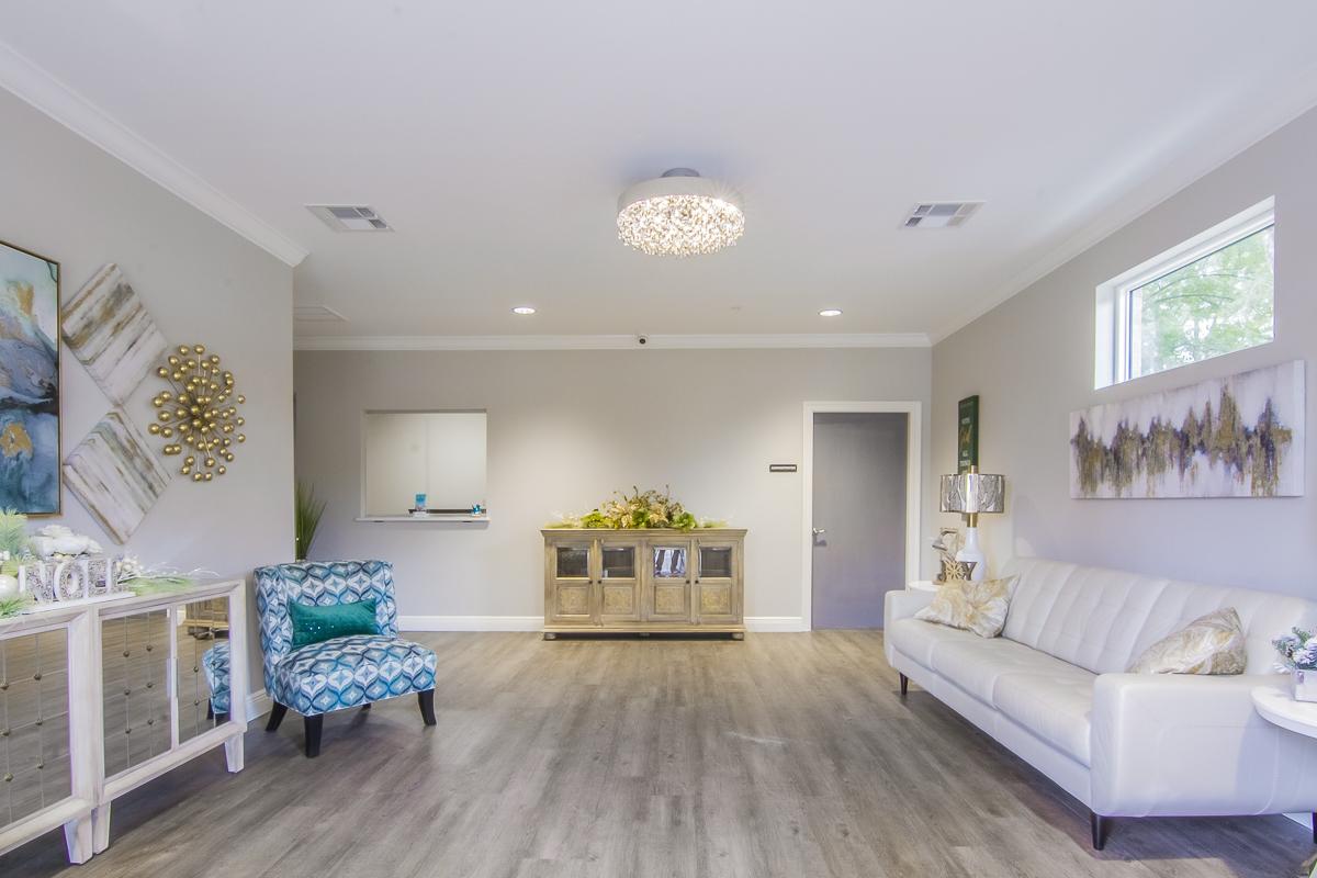 Bright and welcoming lobby area in a senior living facility