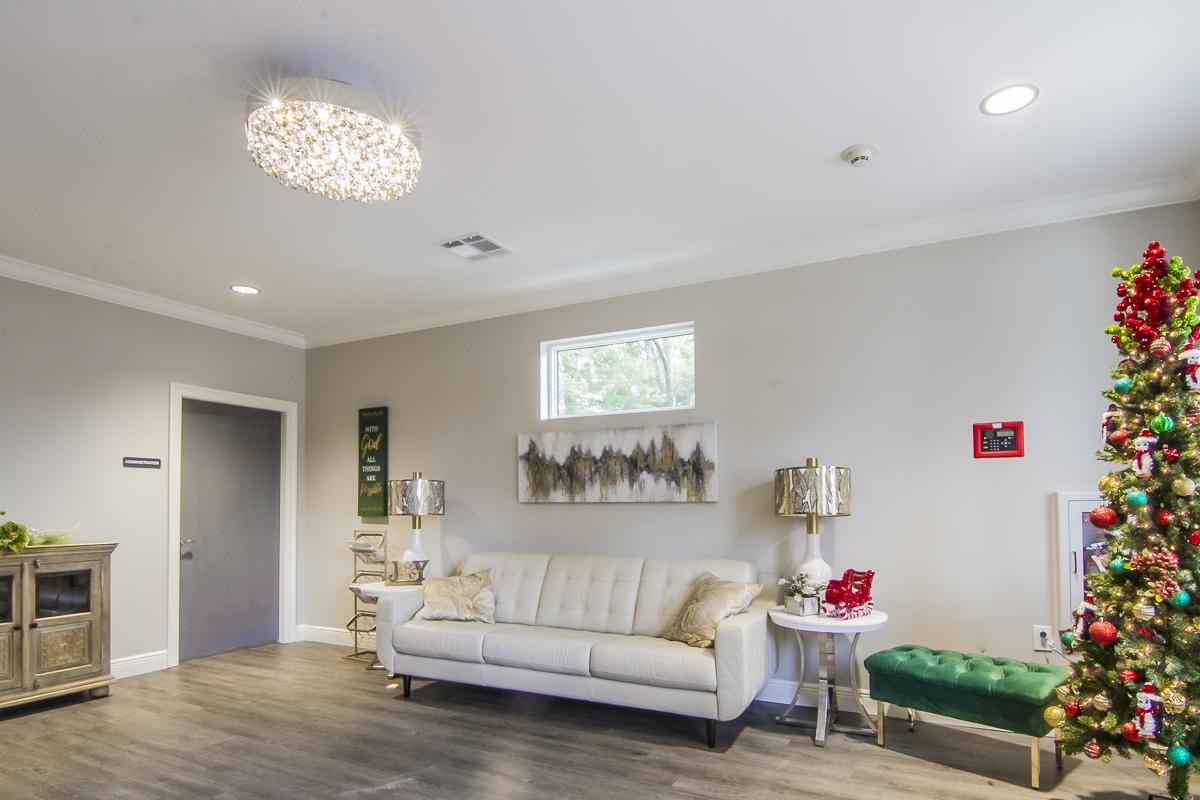 Bright common area decorated for the holidays