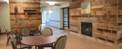 Interior common area with wooden decor and fireplace