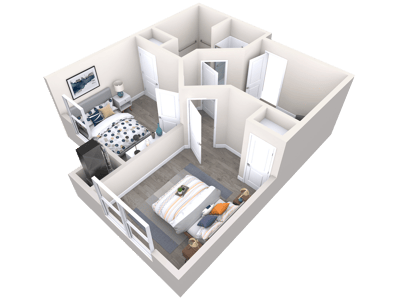 3D layout of a two-bedroom assisted living unit