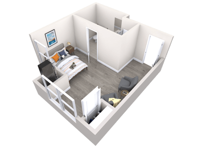 A clear 3D rendering of a resident room layout