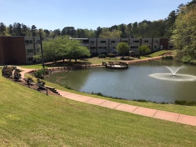 Scenic outdoor area with pond and building in the background