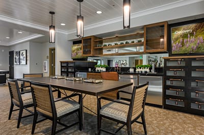 Interior view of a common area with dining setup