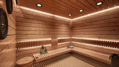 Interior view of a wooden sauna with seating